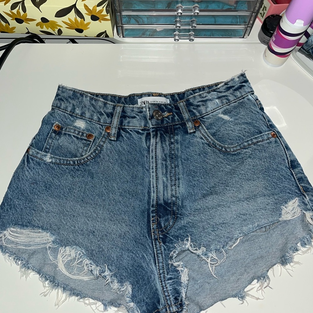 Zara Blue Jean Shorts Distressed High-Waisted
